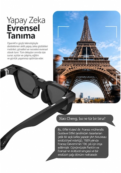 Yapay Zeka Destekli Akıllı Gözlük 8 Mp Kamera, 1080p Full Hd Video, Bluetooth, 4 Kademeli Elektrokromik Lens, Fotoğraf Ve Video Çekimi, Siyah