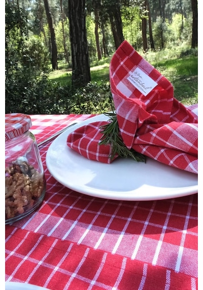 İyi Geceler %100 Pamuklu Happy Days Minimal Doğal Ahşap Ekmek Sepetli Sofra Ve Piknik Seti 7 Parça - Kırmızı