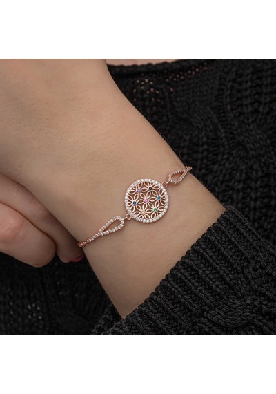 Gümüş Rose Renkli Yaşam Çiçeği Kadın Bileklik