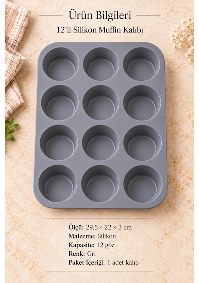 Tilbe Home 12'li Silikon Muffin Kalıbı Yapışmaz Cupcake Kek Kapsül Brownie Mutfak Fırın Tepsisi Pasl Gri