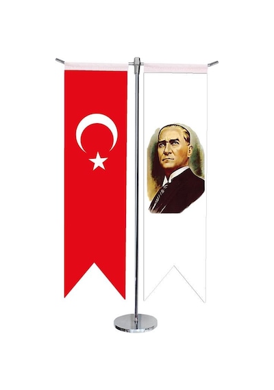 Masa Üstü Kırlangıç Atatürk + Türk Bayrağı + Krom T Direk Masa Bayrak Seti