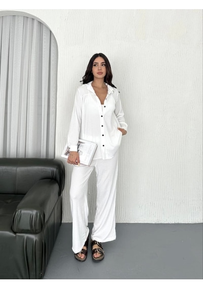 Moderie Butik Yakalı Düğmeli Uzun Kollu Gömlek Pantolon Ikili Takım - Beyaz Beyaz