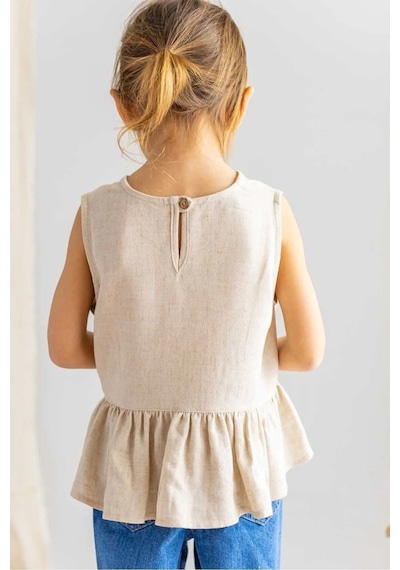 Oliventhekid Bej Naturel Keten Kolsuz Uçları Fırfırlı Kız Çocuk Bluz Bej Bej