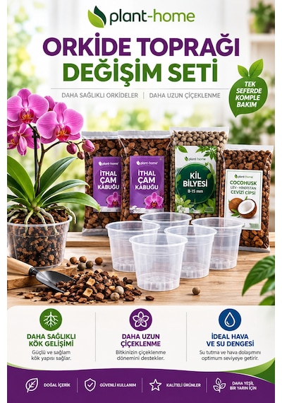 Orkide Toprağı Değişim Seti İthal Çam Kabuğu, Coco Cips, Kil Bilyesi Ve Şeffaf Saksı Seti