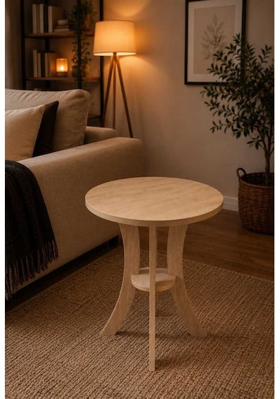 Fiskos Meşe Yan Sehpa Mdf Ayak 50 Cm Çap - 60 Cm Yükseklik Modern Zigon Yan Sehpa Meşe
