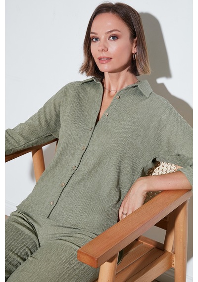 Lela Streç Regular Fit Dokulu Bayan Gömlek 5865975 Olive