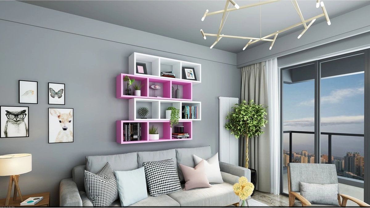 Kitaplık Lux Yatay Duvar Rafı Pembe Beyaz 4 Lü Takım Pembe Beyaz