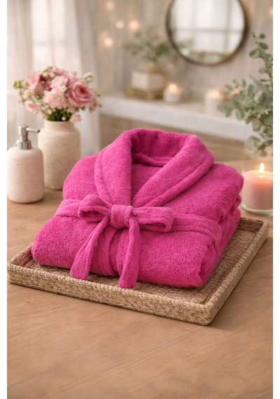 Premium Pamuklu Unisex Bornoz - Yumuşak Dokulu Hızlı Kuruyan Canlı Renkli Bornoz Fuşya