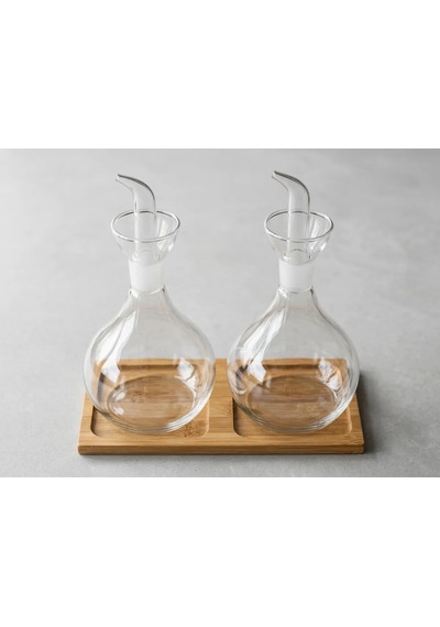 2li Düz Tombul Borosilikat Cam Yağdanlık Ve Sirkelik Seti Bambu Standlı 750 Ml Şeffaf