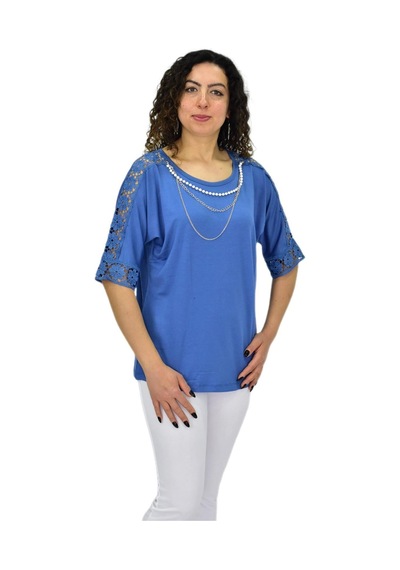 Caftan Kadın Kısa Kol Baskılı Bluz Bgl-st04708 Mavı