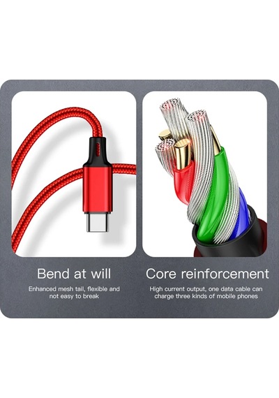 Sindvor 3 M Şarj Kablosu 3 In 1 Usb Tip C Şarj Kablosu Çok Bağlantı Noktalı 3 İn 1 Cable 1.2m Usb Cable Diğer