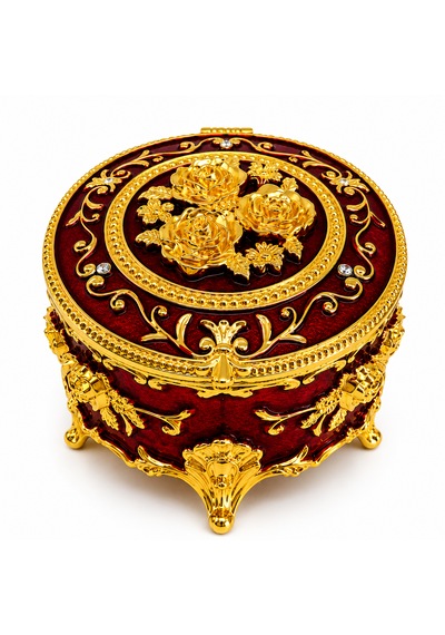 Yuvarlak Renkli Gold İşlemeli Mücevher Kutusu Kırmızı