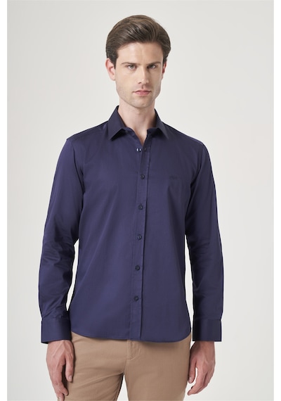 İmza Lacivert Sert Yaka Uzun Kol Cepsiz Saten Slim Fit %100 Pamuk Gömlek 1004260424