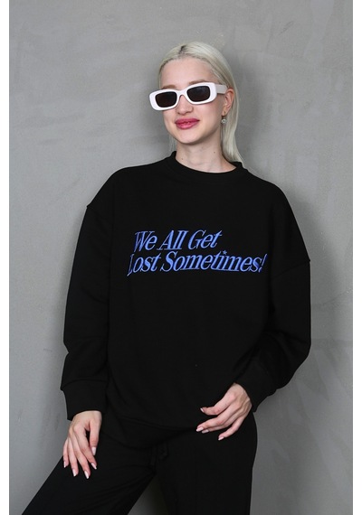 Madmext Siyah Baskılı Sweatshirt Mg1901 Siyah