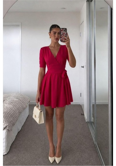 Store V Yaka Mini Elbise Kollu Kısa Kuşaklı Kırmızı - 935901556 Kırmızı