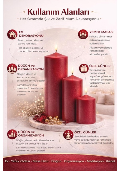 3'lü Kırmızı Silindir Mum Seti, İçten Yanan Dekoratif Blok Mumlar, Küçük 7x7 Cm, Orta 7x10 Cm, Büyük 7x15 Cm, Çok Renkli 3'lü Kırmızı Silindir Mum Seti, İçten Yanan Dekoratif Blok Mumlar, Küçük 7x7 Cm, Orta 7x10 Cm, Büyük 7x15 Cm, Çok Renkli