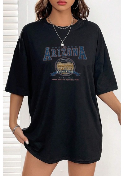 Pamuklu Arizona Baskılı Oversize T-shirt Siyah