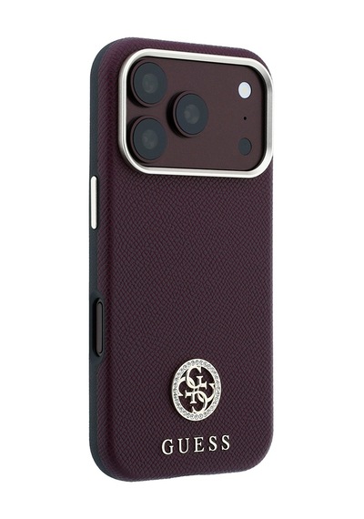 Apple iPhone Uyumlu 18 Pro Kılıf Guess Lisanslı M-safe Özellikli Pu Taşlı Metal 4g Ve Yazı Logolu Kapak Bordo
