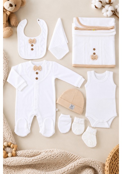 Babyhola Organik %100 Pamuk Kız Erkek Bebek Yenidoğan Tulum Zıbın Battaniye 8'li Set 0-3 Ay Hediyeli Bej