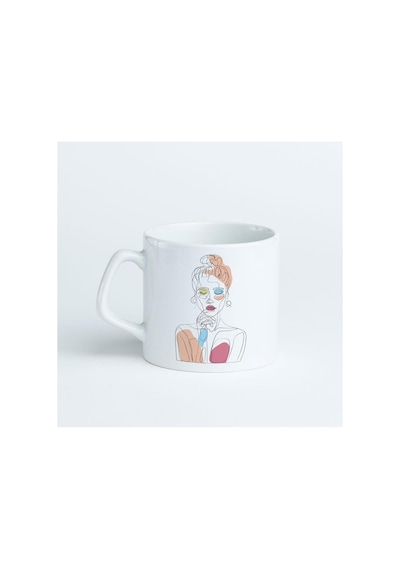 Line Art Düşünen Kız Tasarımlı Porselen Kupa Bardak 7,5 Cm Yüksekliğine Ve 8 Cm Çapına Beyaz - Çok Renkli