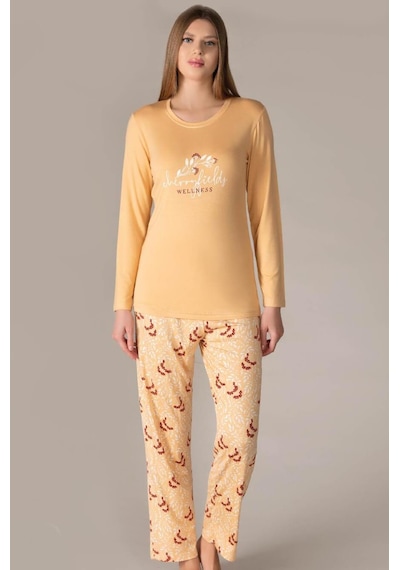 Flz Kadın Uzun Kol Pijama Takımı Viskon Mevsimlik Dowry 09-131 Hardal