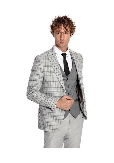 Wessi Gri Yelekli Slim Fit Ekose Açık Gri Erkek Takım Elbise Açık Gri