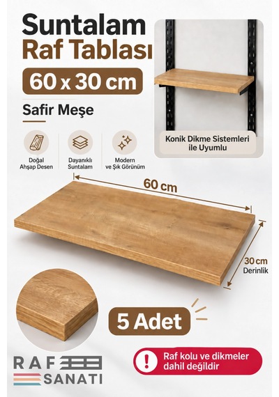 5 Li Set - Suntalam Raf Tablası 60x30 Cm Safir Meşe Ahşap Raf Konik Dikme Sistemleri İle Uyumlu