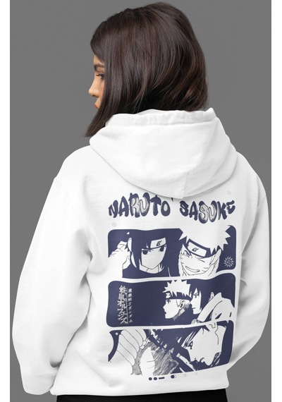Sevbano Naruto Sasuke Uchiha Anime Sırt Baskılı Unisex Oversize Penye Hoo beyaz