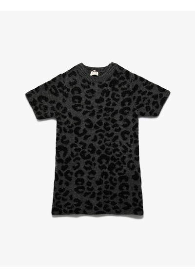 Koton Leopar Desenli Bisiklet Yaka Kısa Kollu Triko Elbise Gri Desenli 6wkg90054ht Gri Desenli