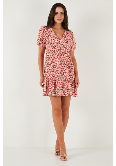 Lela Regular Fit V Yaka Balon Kol Desenli Mini Bayan Elbise 67810045 Pembe
