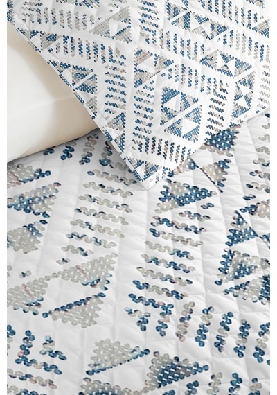 Mavi Geometrik Modern Pike Takımı - Bohem İskandinav Beyaz Gri 160x220 Cm Kapitone Yatak Örtüsü Yeşil