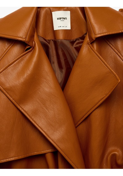 Koton Uzun Kollu Düğmeli Crop Oversize Suni Deri Kruvaze Yaka Bomber Ceket Kiremit 7wak20354ew Kahverengi