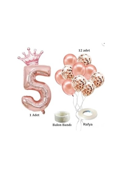 5 Rakam Rose Gold Folyo Balon, Kral Tacı Ve Konfetili Rose Gold Balon Genel