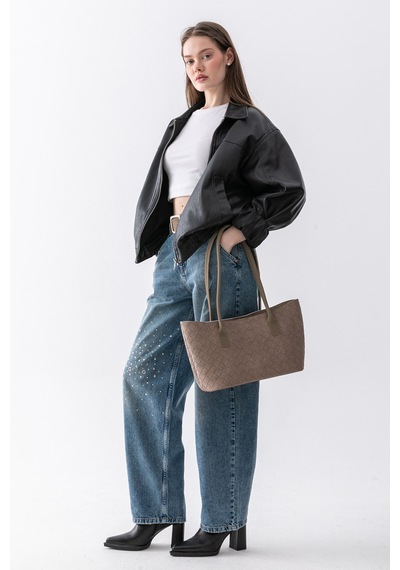 Paul Brand Terra Touch Örgü Desenli Yumuşak Süet Dokulu Makyaj Çantalı Kadın Shopper Omuz Çantası Vizon