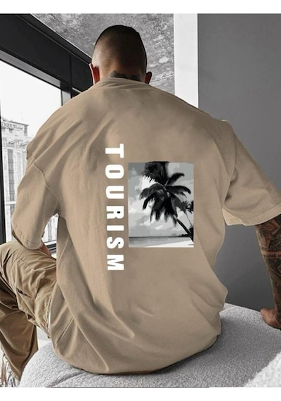 Tourısm Baskılı Oversize Tişört Bej