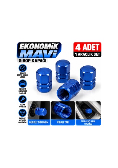 Ekonomik Mavi Sibop Kapağı 4'lü Set Metalik Mavi Araç Lastik Sibop Koruyucu Dekoratif Vidalı Kapak - 939661693