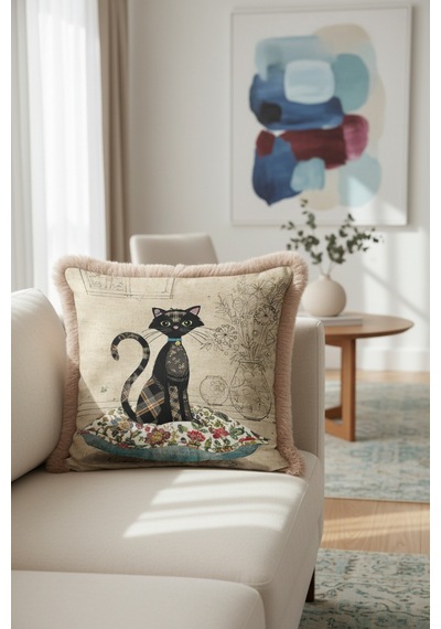 Vintage Patchwork Kedi Saçaklı Yastık Kılıfı - Samimi Country Bej Çiçekli Püsküllü Kırlent Kılıfı Metalik Kumlu Bej Vintage Patchwork Kedi Saçaklı Yastık Kılıfı - Samimi Country Bej Çiçekli Püsküllü Kırlent Kılıfı Metalik Kumlu Bej