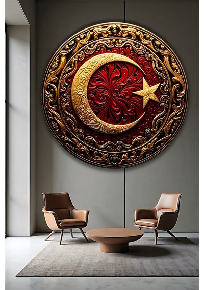 Ay Yıldız Gold Kırmızı Yuvarlak Temperli Dekoratif Cam Tablo Türk Bayrağı Temalı Lüks Duvar Dekoru Türk Bayrağı Temalı Dekoratif Duvar Tablosu, Ev, Ofis Ve Özel Gün Dekoru, 60x60 Cm