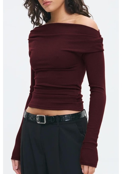 Madmext Bordo Kadın Off Shoulder Uzun Kollu Bluz Mg2567 Bordo