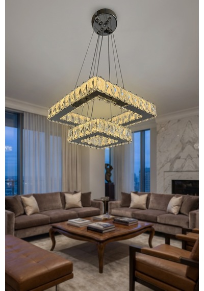 2 Katlı Kare Kristal Modern Sarkıt Led Avize Çok Renkli