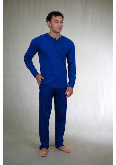 Estiva Erkek Kareli İndigo Patlı İnterlok Pijama Takımı Çok Renkli
