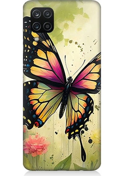 Samsung Galaxy A12 Uyumlu Çayırda Neşeli Kelebek Desenli Silikon Kılıf Çok Renkli