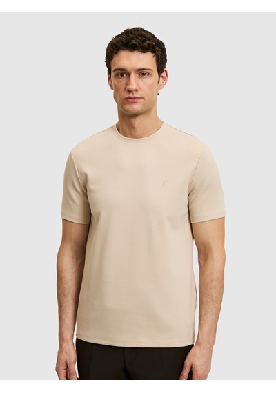 Bej Slim Fit Modal Karışımlı Bisiklet Yaka Basic T-shirt