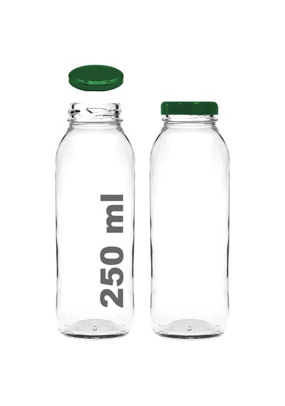 250 Ml Şeffaf Hale Cam Şişe, Yeşil Metal Kapaklı, Meyve Suyu Ve İçecekler İçin, 250 Cc, Yerli Üretim, 6 Adet Çok Renkli