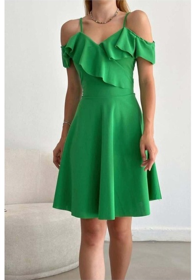 DefyModa Kadın Minimal Esnek Krep Kumaş Kruvaze Yaka Volanlı Abiye Elbise Yeşil