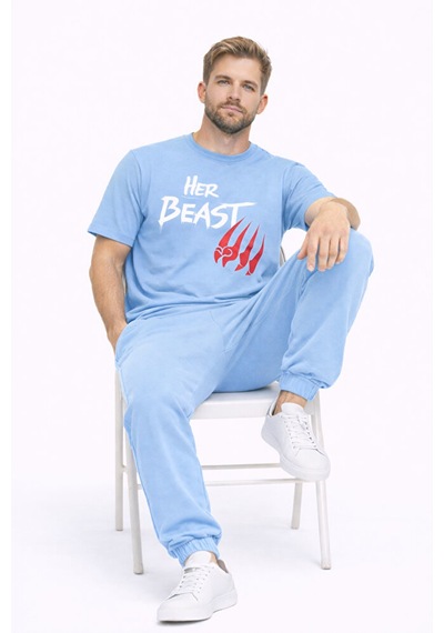 Sevgili Kombini Her Beast His Beauty Oversize Çift Tişört Unisex Mavi