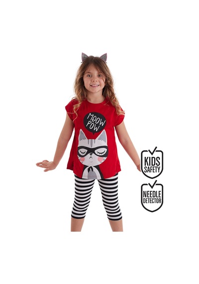 Kırmızı Meow Pow Çizgili Kız Çocuk Yazlık T-shirt Tayt Takım