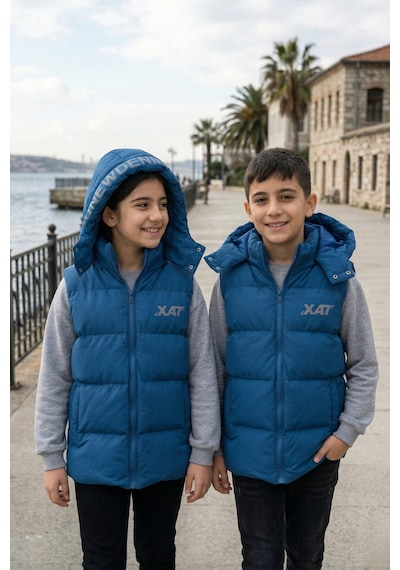 Pina Kids Unisex Çıtçıt Kapüşonlu Baskılı Şişme Yelek Mavi