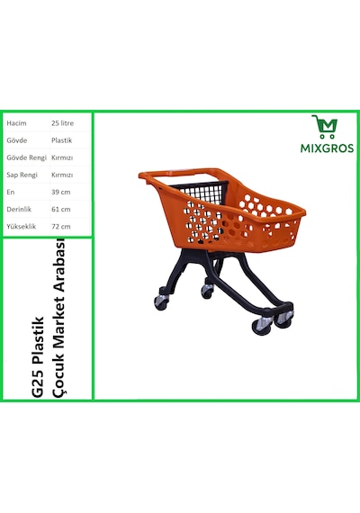 G25 Plastik Çocuk Market Alışveriş Arabası 25 Litre Kırmızı
