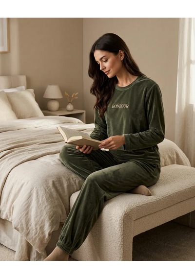 Kadın Haki Kadife Pijama Takımı